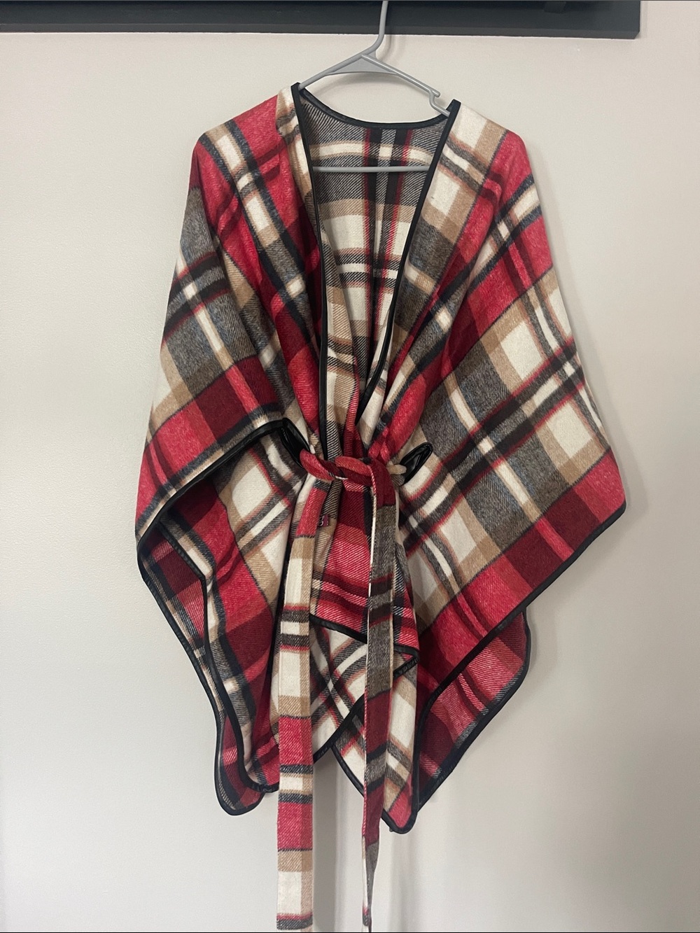 Plaid Tie-Waist Cape in Red and Cream